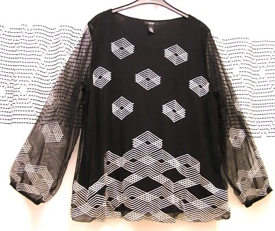 ALFANI Women Formal Blouse Embroidered Lace Bubble hem black lined lg sleeves 2X - Image 1 of 4