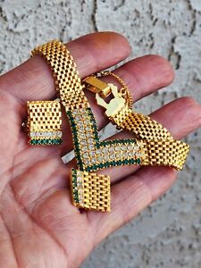 Vintage Hobe Green White Gold Rhinestone  Bracelet Clip Earring Set