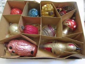 10 Misc VINTAGE GLASS CHRISTMAS ORNAMENTS~BIRD~OWL~MUSHROOM~TULIP~CHRISTMAS BOX - Picture 1 of 24