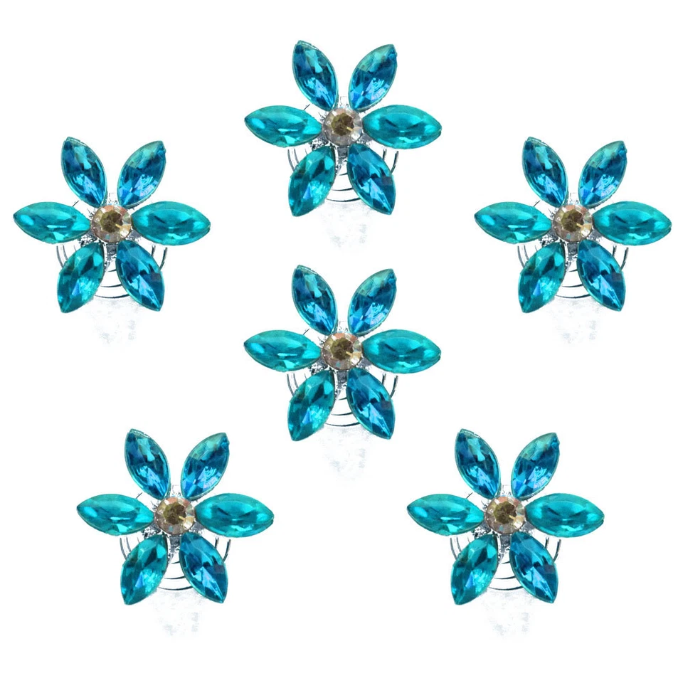 6 spirales twister cheveux mariage mariée fleur strass bleu turquoise et irisé - Photo 1/3