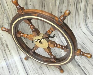 Volante Barco Náutico Latón 24" Decoración Pirata Madera Pesca Pared Barco - Imagen 1 de 7