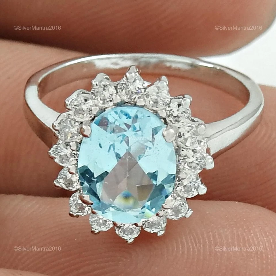 925 Sterlingsilber Blau Topas Cubic Zirkonia Cocktail Ehefrau Rhodiniert Ring - Bild 1 von 4