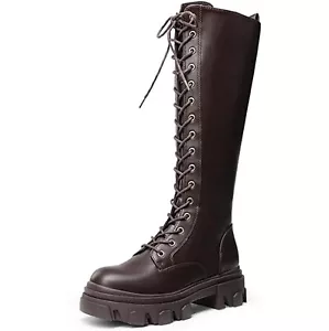 Women Sz 6.5 Lace Up Chunky Platform Heel Side Zipper Combat Boots Knee High - Picture 1 of 5