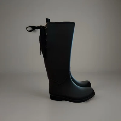 Coach Tristee Black Matte Knee High Lace Up Lined Rain Boot, Size 7, Feminine - Image 1 of 4