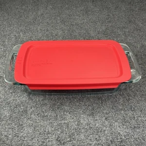Pyrex 2 Qt. 7"x11" Clear Glass Casserole Baking Dish With Red Lid Made In USA - Picture 1 of 5