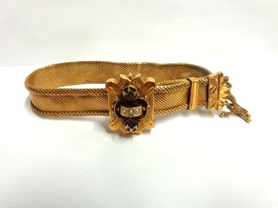 antique gold filled mesh slide bracelet w/fringe/pearls sz 7.50/8.50 wgt 25.3gms - Image 1 of 4