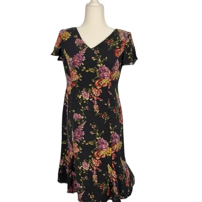 VTG TALBOTS Petite 100% Silk V-Neck Black Dark Floral Midi Dress Size 6P Whimsy - Image 1 of 4