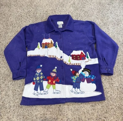 VTG  Quacker Factory Christmas Snow Cardigan Fleece Womens Med Purple Jacket - Image 1 of 4