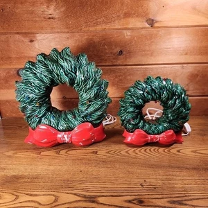 2 Vintage Ceramic Lighted Christmas Wreath Holly Berry Light Lamp with Red Bow - Picture 1 of 11
