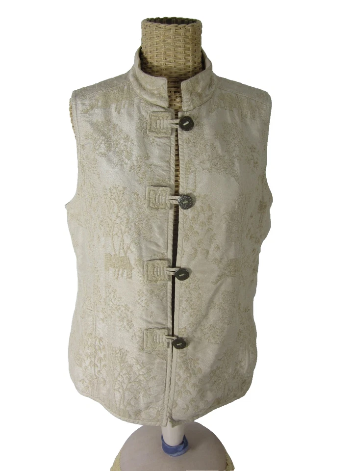 Vtg Chicos 1 Womens Medium Beige Asian Embroidered Raw Silk Button Vest Pockets - Image 1 of 4