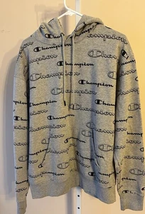 Champion Men's Powerblend All Over Logo Hoodie Size L Gray Navy Logo - Picture 1 of 11