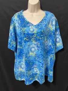 Camisa Corbata Estilo Batik Catherines Para Mujer 3X P 26/28 Cuello en V Azul y Amarillo Tie Dye - Imagen 1 de 8
