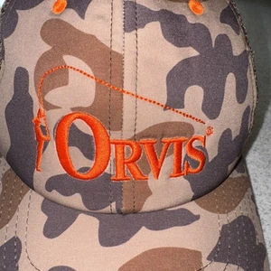 Orvis Hat Cap Camo Fly Fishing Logo Snap Back Adjustable Mesh Trucker - Picture 1 of 7