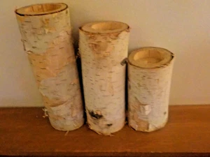 Birch Wood Tea Light Candle Holders Set Of 3 Handmade Real Wood Rustic Decor - Picture 1 of 10