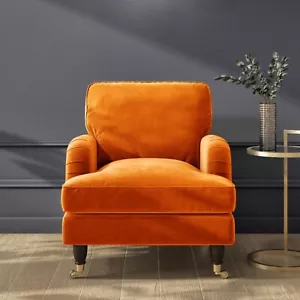 Orange Velvet Armchair with Saddle Arms Wood Legs Foam Filled Traditional - Picture 1 of 6