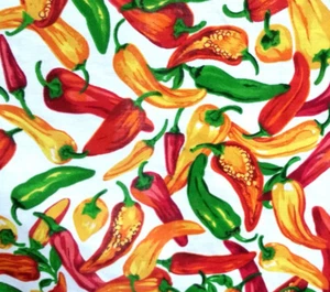 GREEN RED JALAPEOÑO CHILI PEPPERS ON WHITE POLY COTTON FABRIC 60" By the Yard - Picture 1 of 4