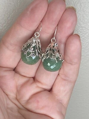 Genuine Faceted Green Jade & White Topaz Filigree Cap 925 Silver Earrings - Image 1 of 4