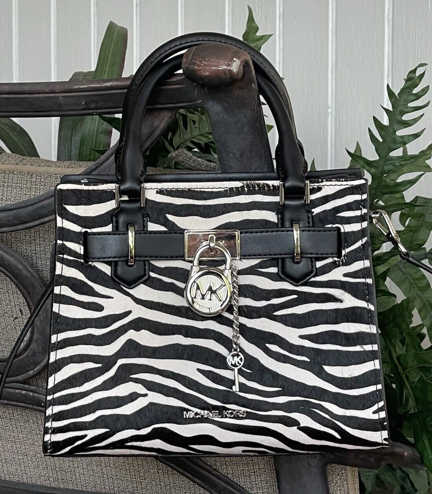 MICHAEL KORS HAMILTON SMALL SATCHEL KEY LOCK CROSSBODY BAG ZEBRA MK BLACK WHITE - Image 1 of 4