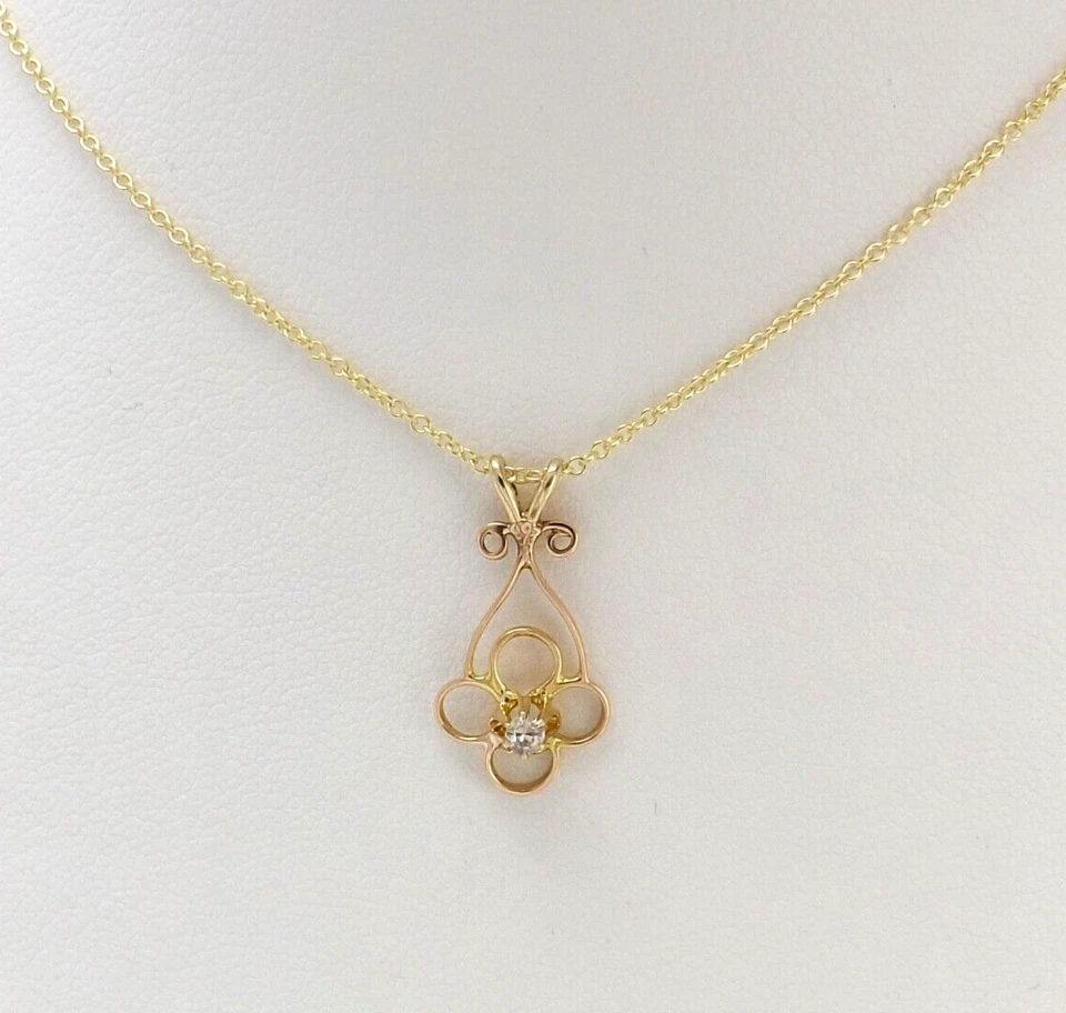 Victorian 10K Gold Mine Cut Diamond Whimsical Quatrefoil Pendant Necklace 18in - Image 1 of 4