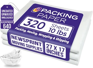 White Packing Paper 320 Sheets for Moving 27"X17" 10Lb Newsprint Wrapping Paper - Picture 1 of 12