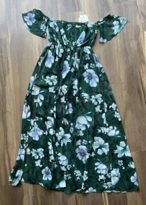 By Egreis Floral Maxi Dress Off Shoulder Ruffle Sleeves High Side Slit Green L - Picture 1 of 11