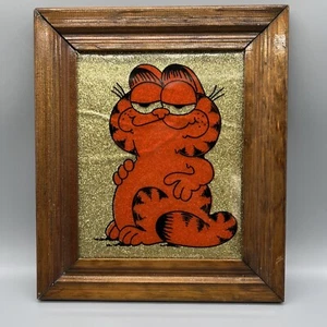 Vintage Glitzer Kunst Garfield Holzrahmen 11,5”x13,5” Cartoon Schimmer Retro - Bild 1 von 9