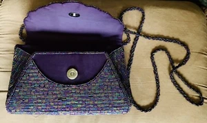 Ladies Chic Beaded Clutch Purple Reflective Beads Shoulder/Crossbody Strap New - Picture 1 of 5