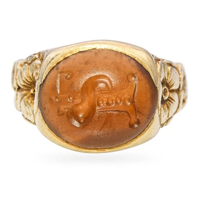 Antique 14k Yellow Gold Sard Intaglio Floral Shank Ring - Image 1 of 4