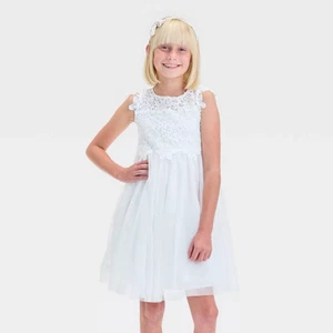 Zenzi Girls' Cap Sleeve Lace Tulle Dress - White L - Picture 1 of 3