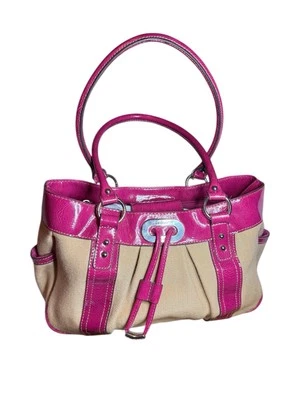 "Bolso de mano Liz Claiborne Draw Me In fucsia/paja doble asa caída 10"" pre-amor" Foto 1 de 4
