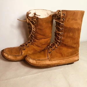 Hombre Talla 11 Vintage Mukluks Años 70 Hecho a Mano Mauricienne Quebec Cuero Lana - Imagen 1 de 16