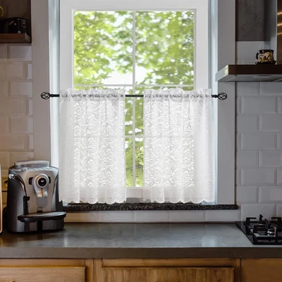 Juegos de 2 cortinas pequeñas de encaje floral elegantes de 24 pulgadas de largo de café blancas... Foto 1 de 4