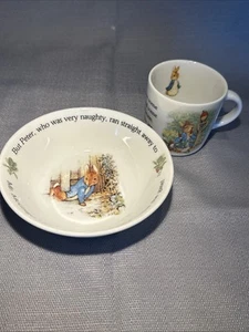 Vintage 2 Piece Peter Rabbit Nursery Set by Wedgwood Bowl Cup Mug Glass Perfect - Picture 1 of 10