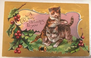 ANTIQUE CHRISTMAS EMBOSSED POSTCARD WITH CATS XMAS - CATS SERIES UNUSED - Picture 1 of 4