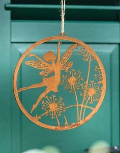 Metall Deko Hänger "Fee" Rost Finish Ø 30 cm, Elfe mit Blüten, Balkon Garten - Bild 1 von 3