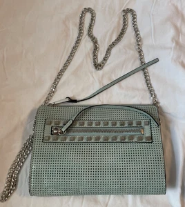 SHE+LO Sky Blue Perforated Leather Convertible Crossbody Purse Bag Clutch - Picture 1 of 11