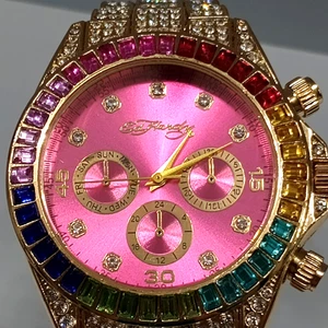 Ed Hardy A1979 Rainbow Bezel Pink Dial Crystal Watch Gold Tone Quartz New Batter - Bild 1 von 13