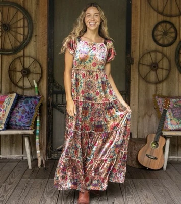 Natural Life Size Small Pink Folk Floral Berkley Velvet Tiered Maxi Dress Boho - Image 1 of 4