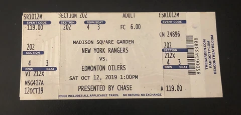 2019 Kappo Kakko NY Rangers 1st NHL Goal Ticket Stub 10/12/2019 Exc+ Cover