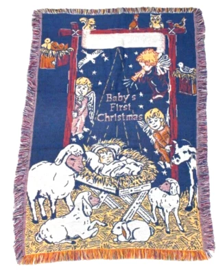 Manta de Colección Flecos Primera Navidad Pesebre Bebé Escena 50"x35" Algodón Foto 1 de 4