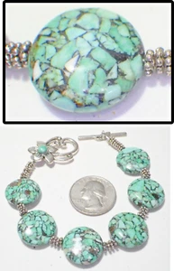 Gorgeous Genuine Blue Turquoise Chip 6 Round Mosaic Disc Bracelet 7.75" ST - Picture 1 of 3