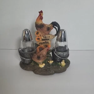 Country Rooster Hen and Chicks Family Salt and Pepper Shakers Holder Set 7"H - Picture 1 of 4