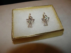 ANGEL EARRINGS AUSTRIAN CRYSTAL CHRISTMAS / TEACHER GIFT GOLD TONE CHERUB NEW! - Picture 1 of 7