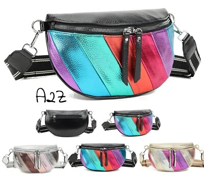 Women Faux Leather Metallic Stripes Crossbody Sling Bum Bag Fanny Shoulder Bag - Image 1 of 3