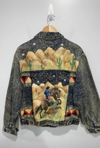 Exclusive Hand-painted Western Cowboy denim jacket size Large vintage 1980s - Picture 1 of 18