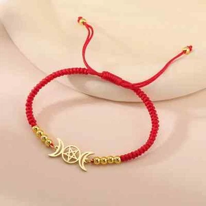 Pulsera Triple Diosa Luna Color Dorado Dije Pentagrama Media Luna Cadena Cuerda - Imagen 1 de 9