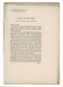 A VISIT TO WEST HILLS by Horace Traubel & Brinton - 1894 Walt Whitman Fellowship - Imagen 1 de 1