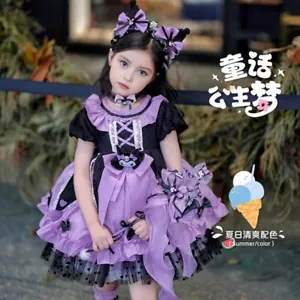 Kuromi Lolita Purple Princess Dress Girl Skirt Children Clothes Outfits Headgear - Picture 1 of 15