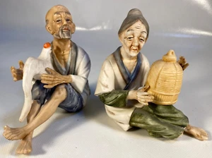 Vintage Inarco Sitting Asian Old Man & Old Woman Couple E1186 & 1185 w/chicken - Picture 1 of 12