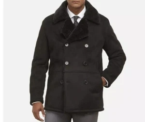 KENNETH COLEMen's Faux Sherpa Collar Faux Suede Double-Breasted Pea Coat Black L - Picture 1 of 23